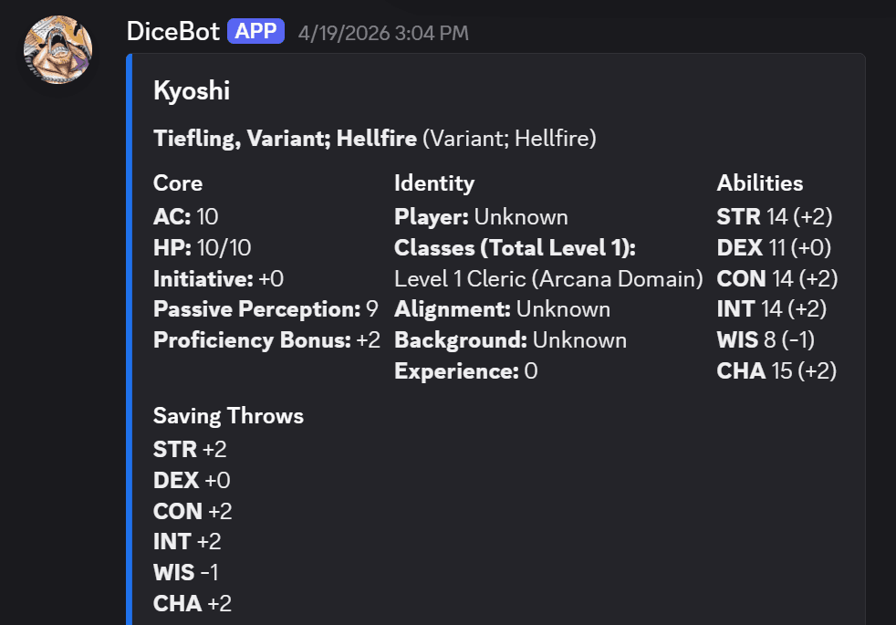 Discord Dice Bot character sheet response